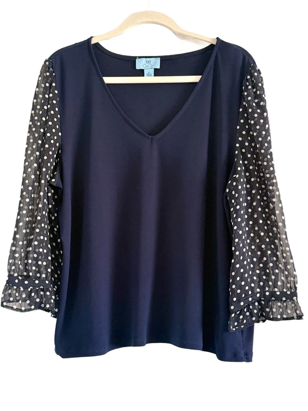 CeCe Navy V-Neck Top with Polka Dot Sheer Sleeves XL